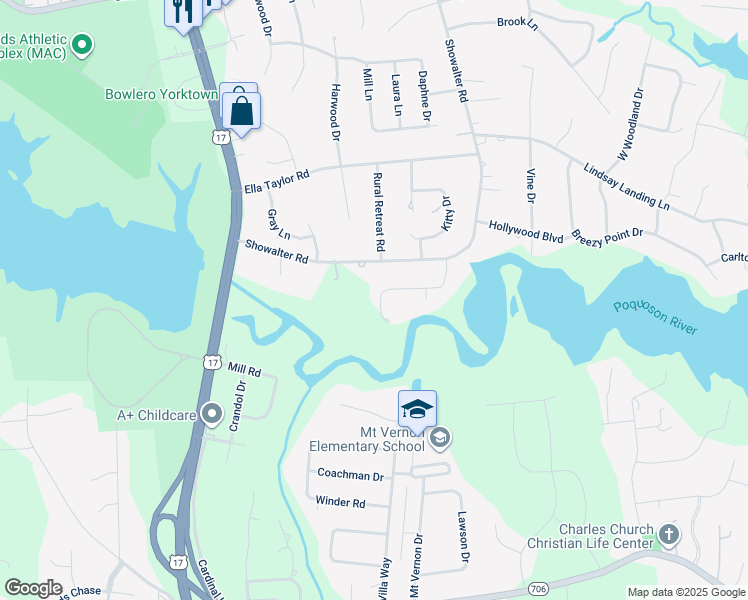 map of restaurants, bars, coffee shops, grocery stores, and more near 121 Beecham Drive in Yorktown