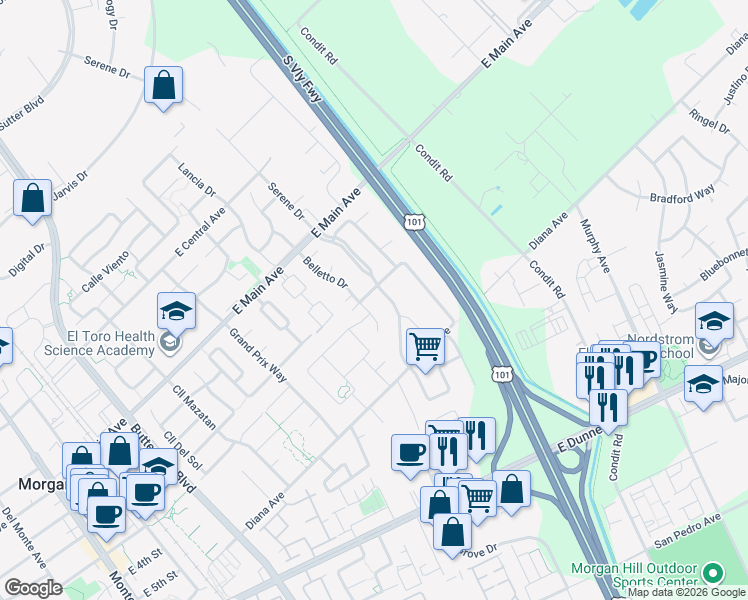map of restaurants, bars, coffee shops, grocery stores, and more near 834 English Walnut Way in Morgan Hill