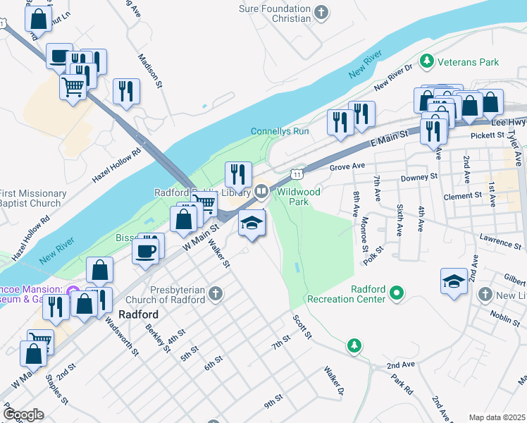 map of restaurants, bars, coffee shops, grocery stores, and more near 40 Dalton Drive in Radford