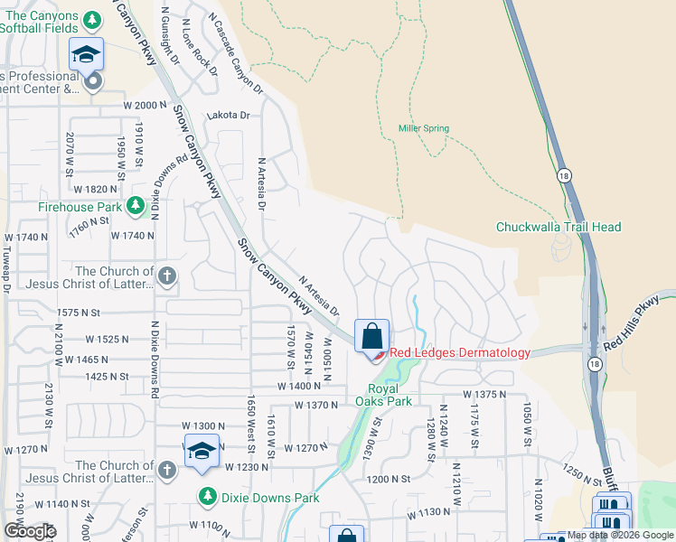 map of restaurants, bars, coffee shops, grocery stores, and more near 1691 North Palo Verde Drive in St. George