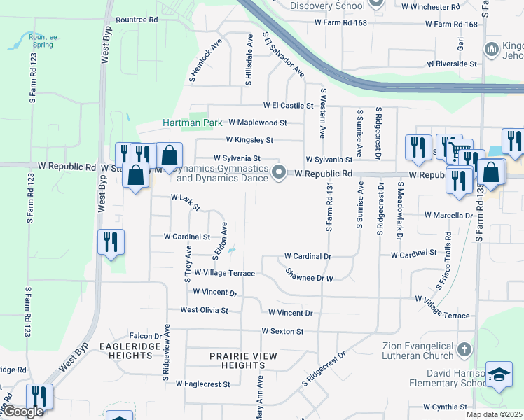 map of restaurants, bars, coffee shops, grocery stores, and more near 3680 West Western Court in Springfield