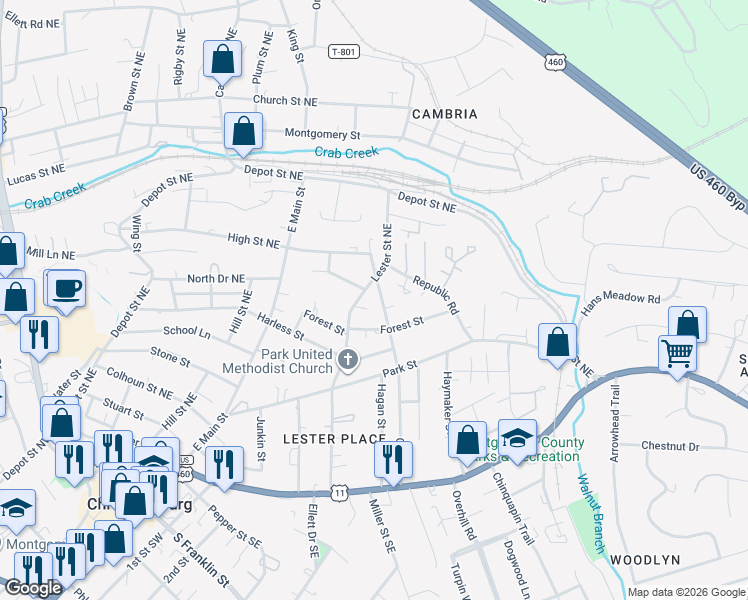 map of restaurants, bars, coffee shops, grocery stores, and more near 511 Craig Street in Christiansburg
