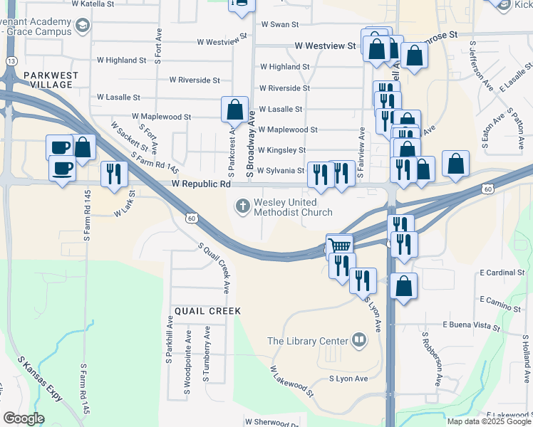map of restaurants, bars, coffee shops, grocery stores, and more near 4241 South Broadway Avenue in Springfield