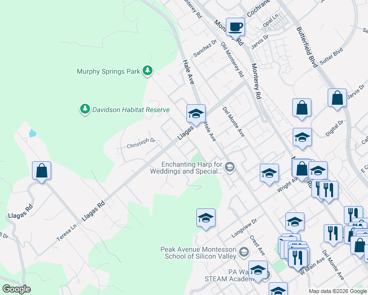 map of restaurants, bars, coffee shops, grocery stores, and more near 480 Winter Creek Way in Morgan Hill