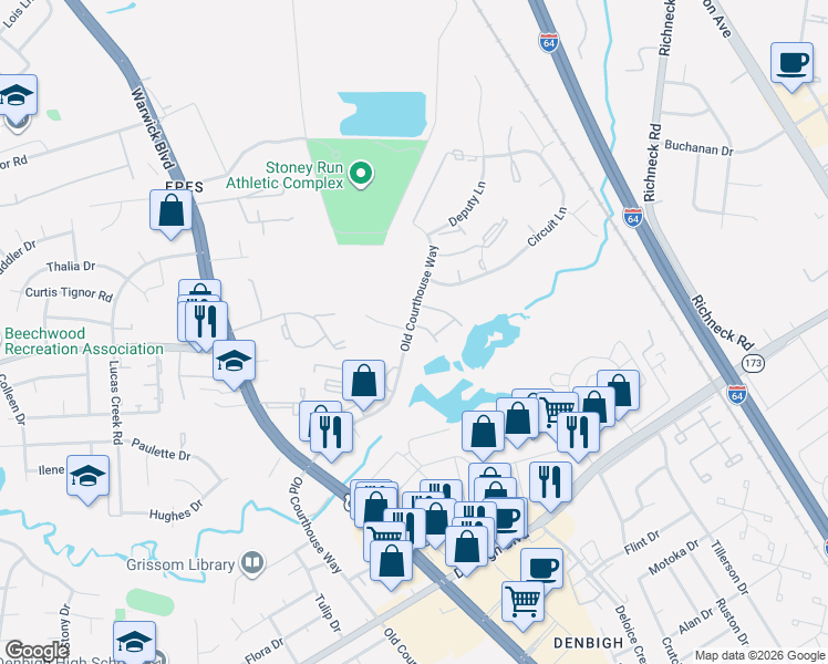 map of restaurants, bars, coffee shops, grocery stores, and more near 370 Advocate Court in Newport News