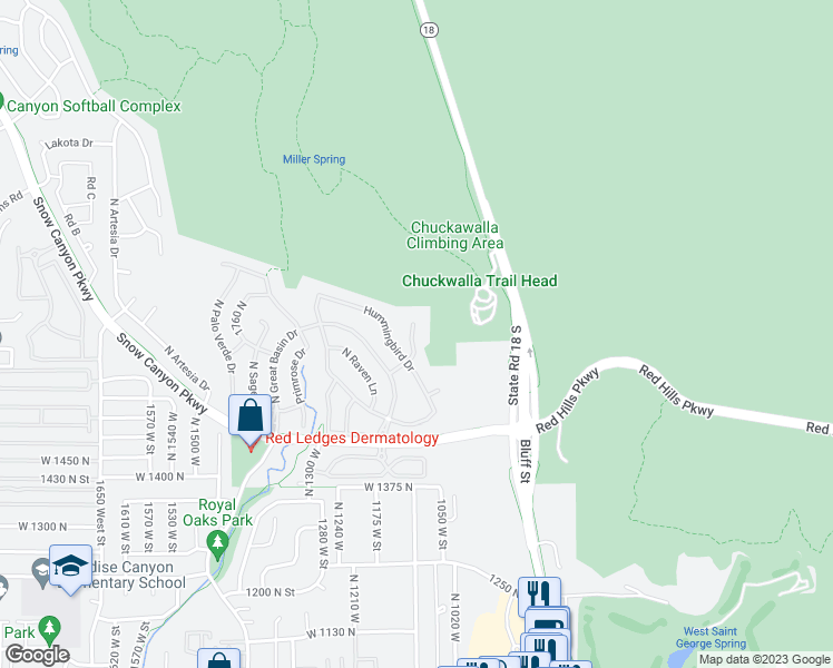 map of restaurants, bars, coffee shops, grocery stores, and more near 1680 Starling Circle in St. George