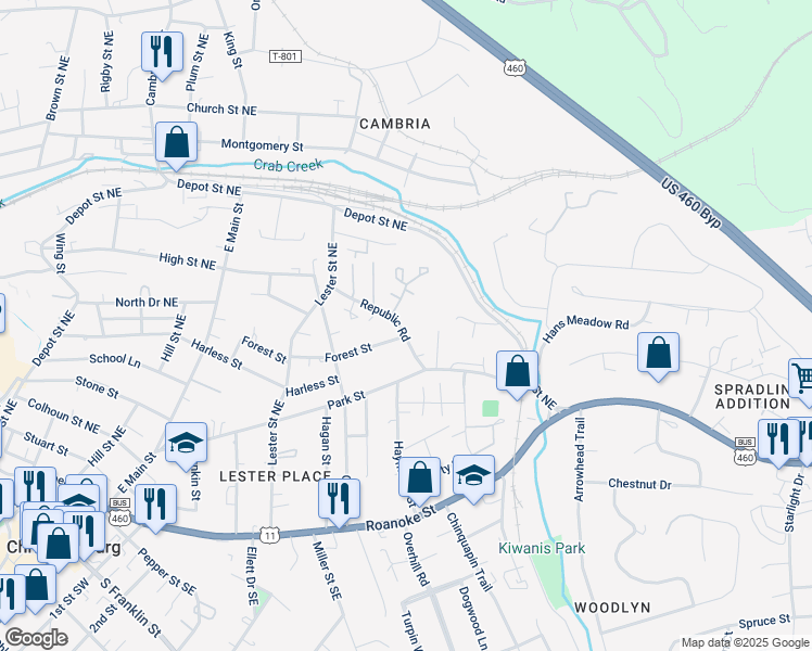 map of restaurants, bars, coffee shops, grocery stores, and more near 535 Republic Road in Christiansburg