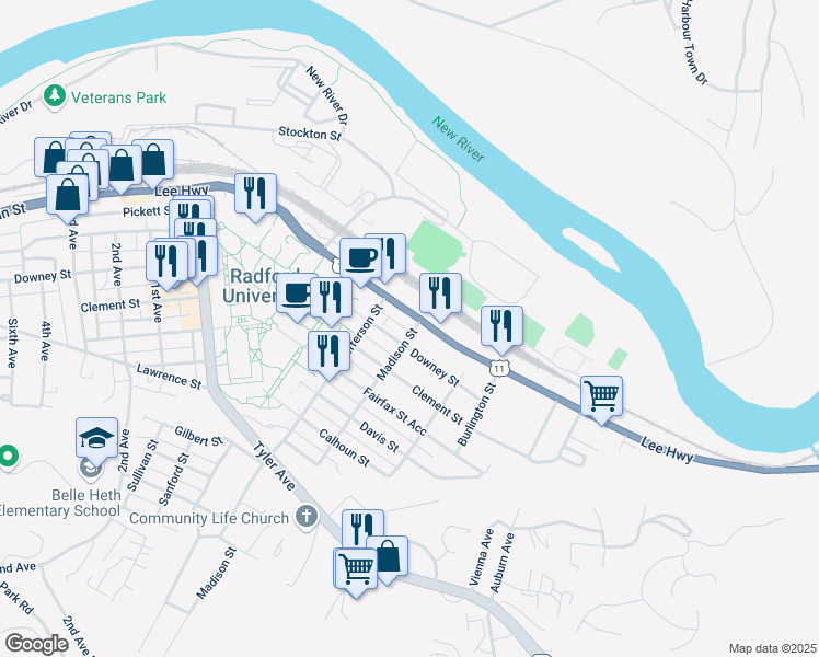map of restaurants, bars, coffee shops, grocery stores, and more near 104 Madison Street in Radford