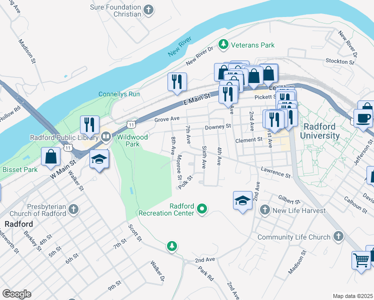 map of restaurants, bars, coffee shops, grocery stores, and more near 114 Monroe Street in Radford