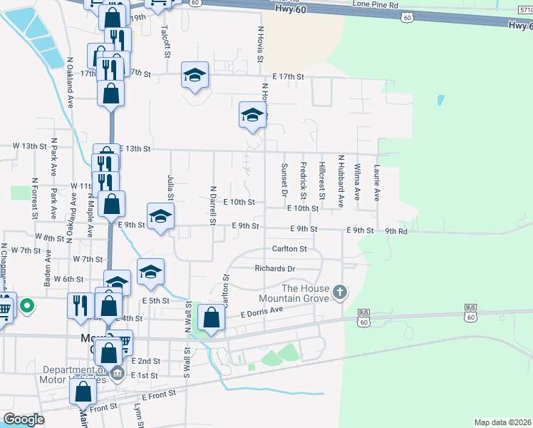 map of restaurants, bars, coffee shops, grocery stores, and more near 808 East 10th Street in Mountain Grove