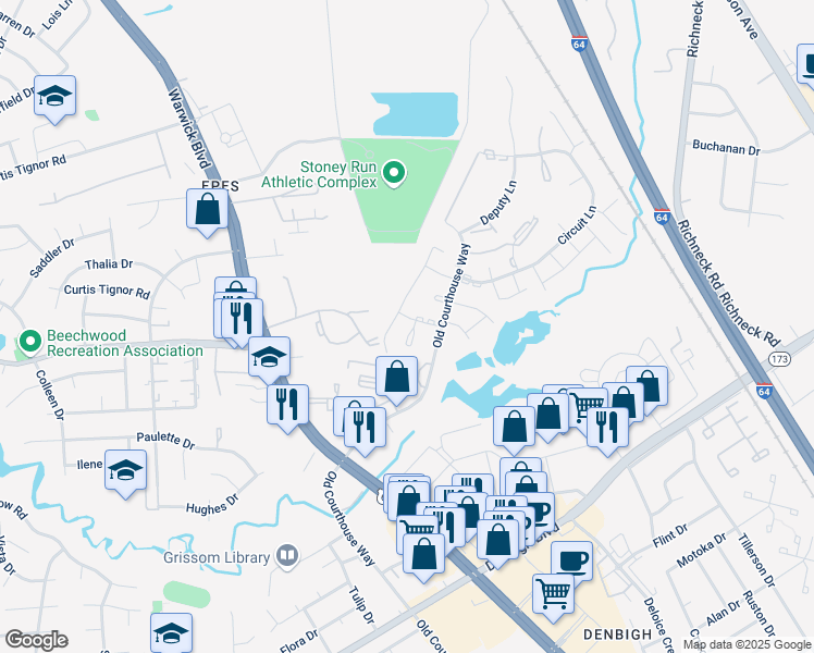 map of restaurants, bars, coffee shops, grocery stores, and more near 417 Hustings Lane in Newport News
