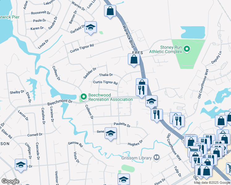 map of restaurants, bars, coffee shops, grocery stores, and more near 348 Helena Drive in Newport News