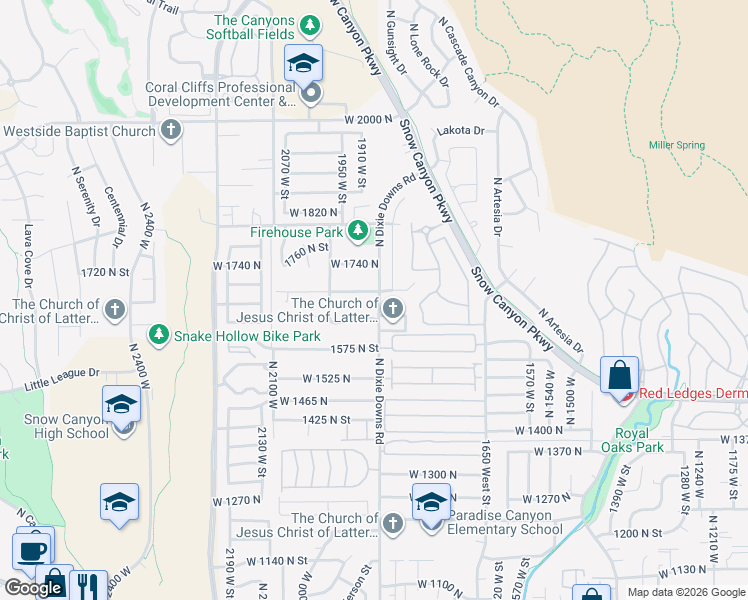 map of restaurants, bars, coffee shops, grocery stores, and more near 1885 West 1700 North in St. George