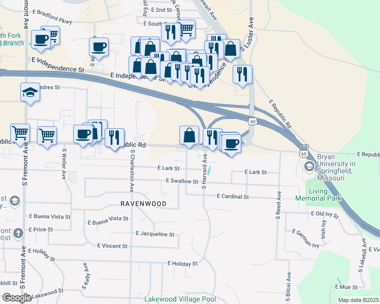 map of restaurants, bars, coffee shops, grocery stores, and more near 2002 East Republic Road in Springfield