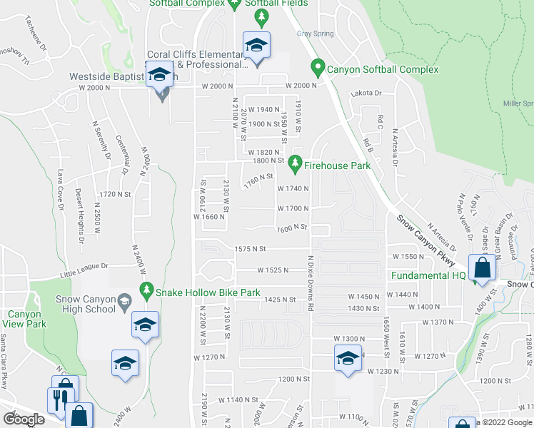 map of restaurants, bars, coffee shops, grocery stores, and more near 1999 West 1700 North in St. George