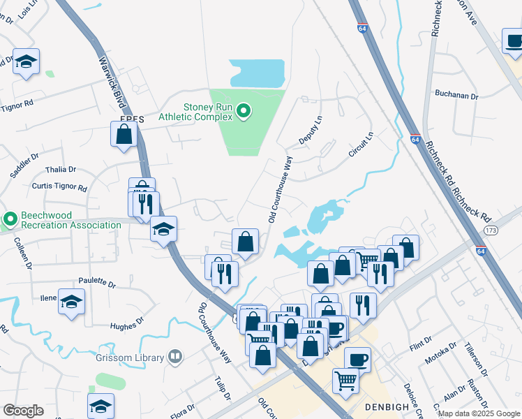 map of restaurants, bars, coffee shops, grocery stores, and more near 405 Hustings Lane in Newport News
