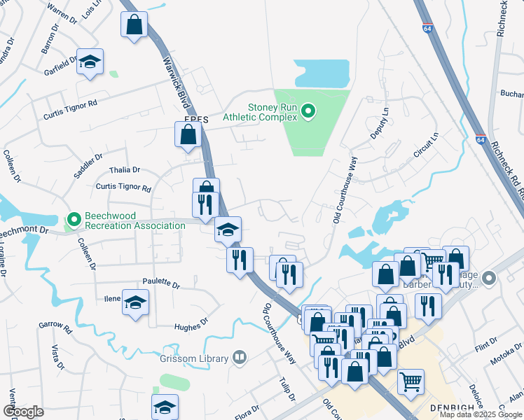 map of restaurants, bars, coffee shops, grocery stores, and more near 432 Tara Court in Newport News