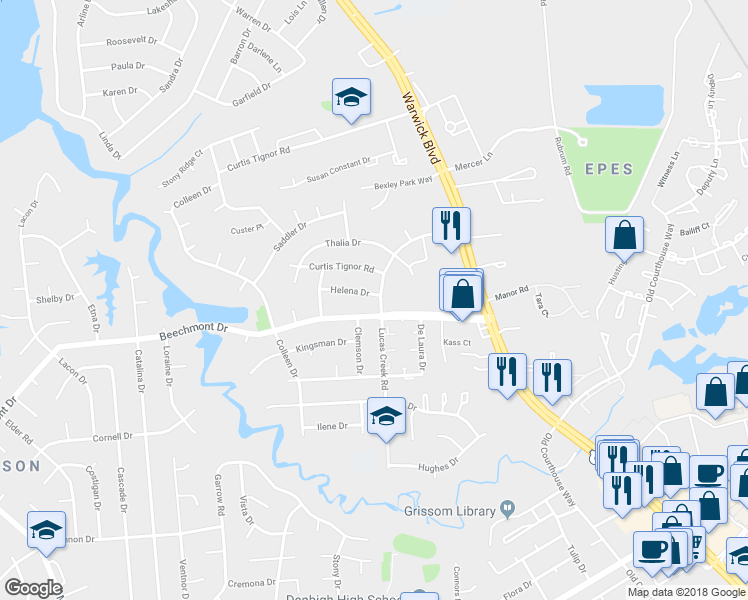 map of restaurants, bars, coffee shops, grocery stores, and more near 902 Lucas Creek Road in Newport News