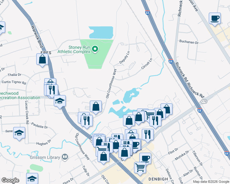 map of restaurants, bars, coffee shops, grocery stores, and more near 370 Advocate Court in Newport News