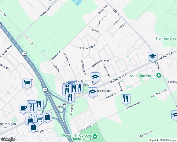 map of restaurants, bars, coffee shops, grocery stores, and more near 1430 Bluebonnet Way in Morgan Hill