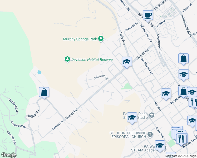 map of restaurants, bars, coffee shops, grocery stores, and more near 18327 Christeph Drive in Morgan Hill