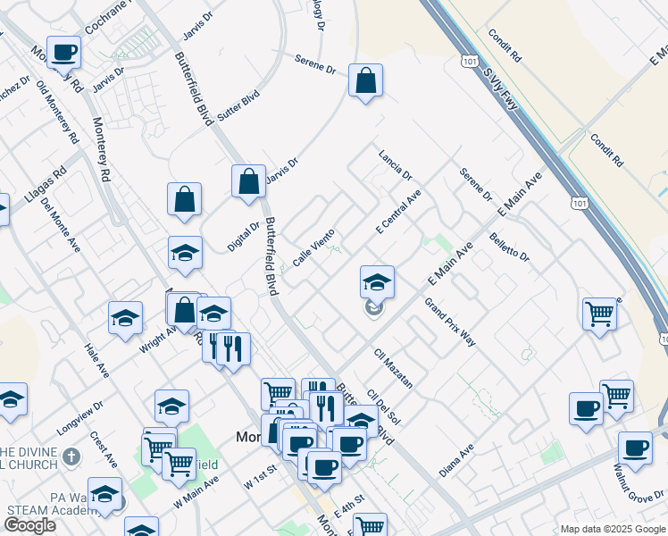 map of restaurants, bars, coffee shops, grocery stores, and more near 515 East Central Avenue in Morgan Hill