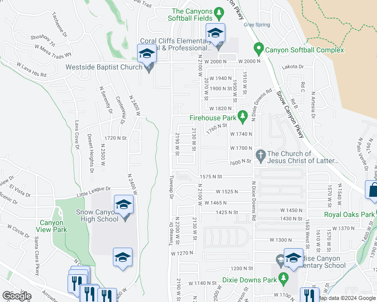 map of restaurants, bars, coffee shops, grocery stores, and more near 2150 West 1660 North in St. George