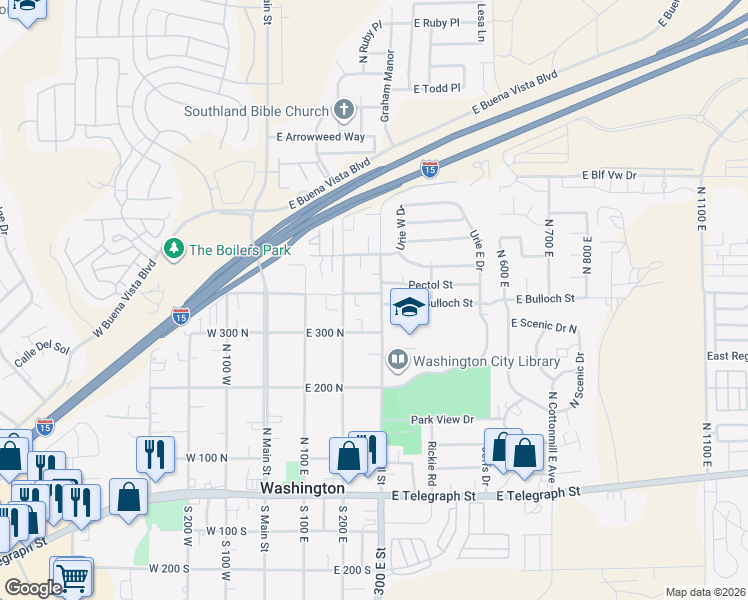 map of restaurants, bars, coffee shops, grocery stores, and more near 260 East 400 North in Washington