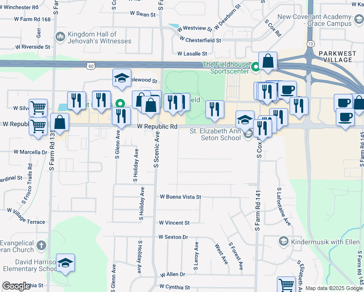 map of restaurants, bars, coffee shops, grocery stores, and more near 4256 South Deborah Road in Springfield
