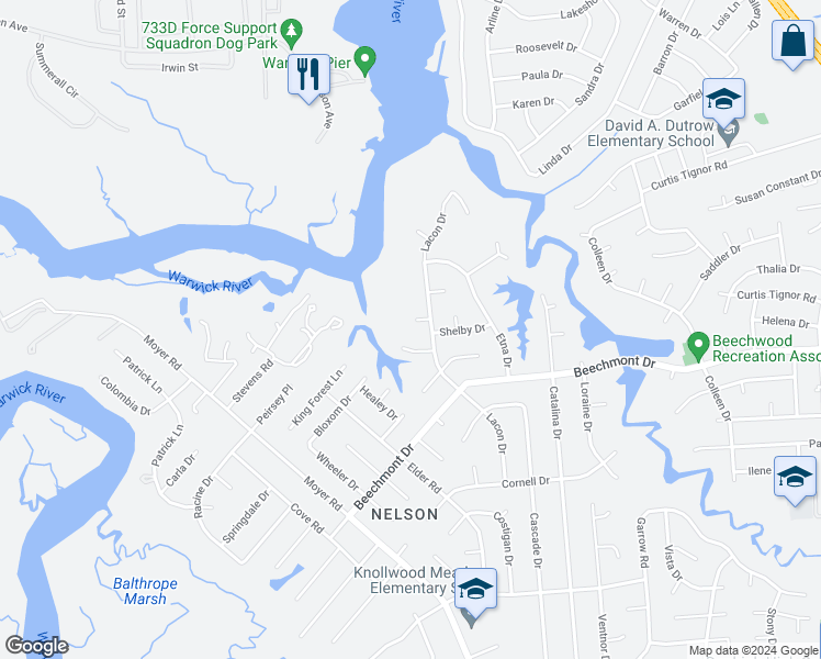 map of restaurants, bars, coffee shops, grocery stores, and more near 160 Day Circle in Newport News