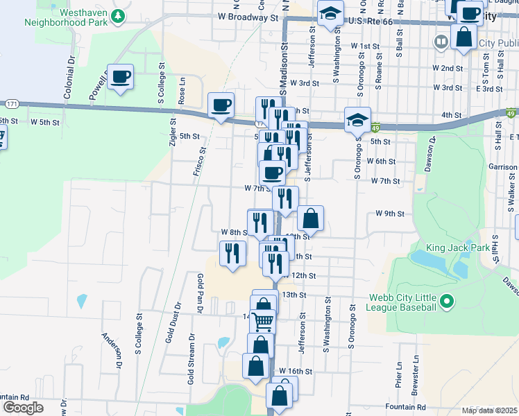 map of restaurants, bars, coffee shops, grocery stores, and more near 719 South Oakland Avenue in Webb City