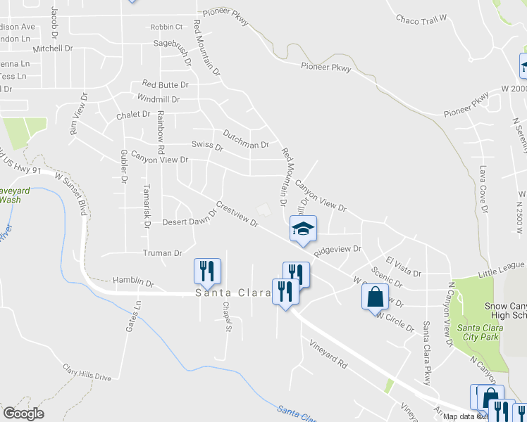 map of restaurants, bars, coffee shops, grocery stores, and more near 2950 Crestview Drive in Santa Clara