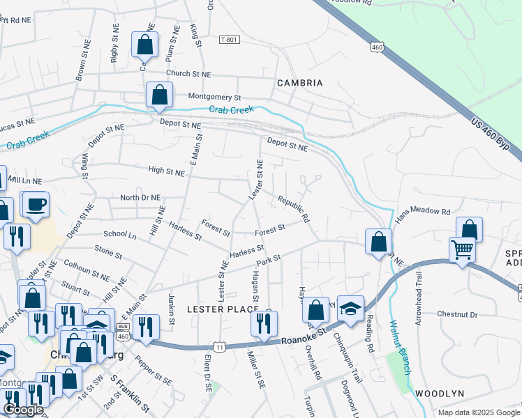 map of restaurants, bars, coffee shops, grocery stores, and more near 511 Craig Street in Christiansburg