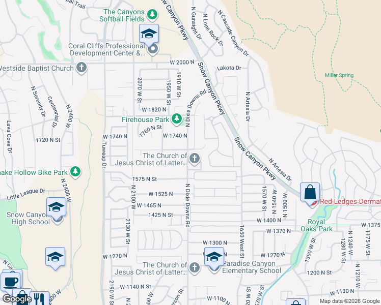 map of restaurants, bars, coffee shops, grocery stores, and more near 1806 North Dixie Downs Road in St. George