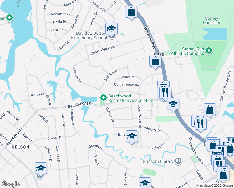 map of restaurants, bars, coffee shops, grocery stores, and more near 332 Helena Drive in Newport News