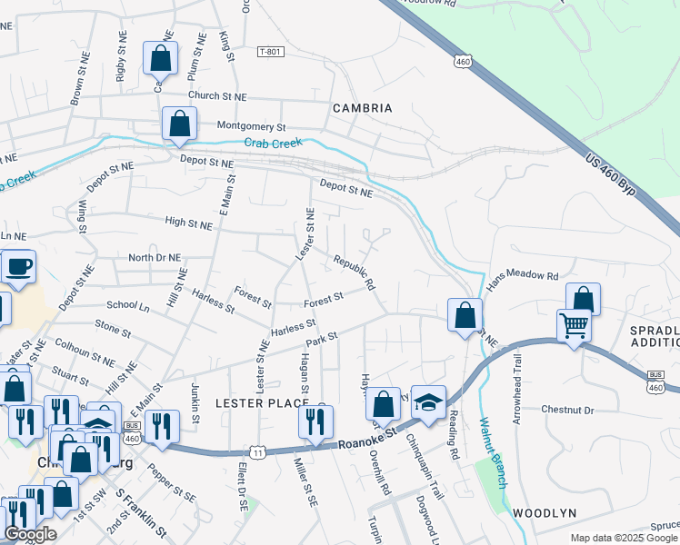 map of restaurants, bars, coffee shops, grocery stores, and more near 590 Republic Road in Christiansburg