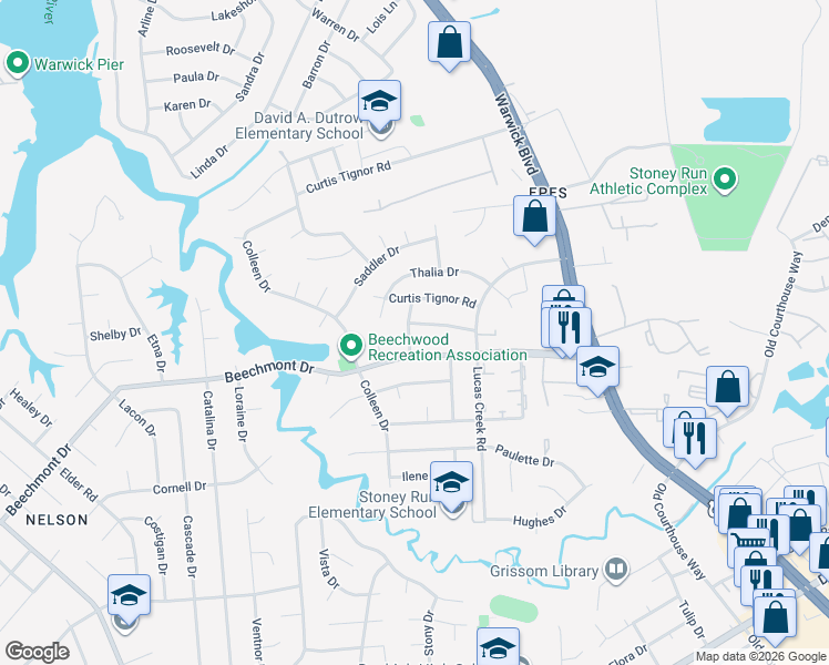 map of restaurants, bars, coffee shops, grocery stores, and more near 332 Helena Drive in Newport News