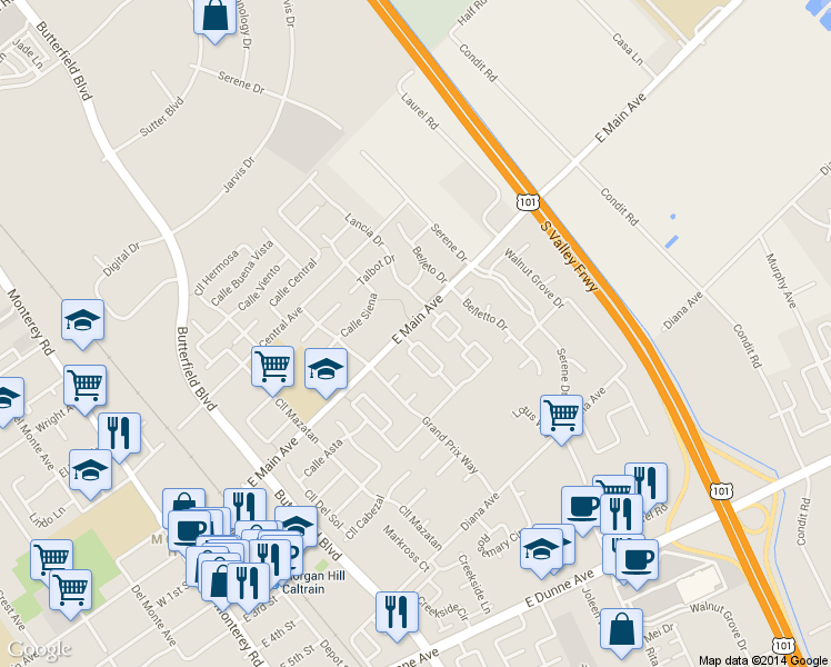 map of restaurants, bars, coffee shops, grocery stores, and more near 17560 Montoya Circle in Morgan Hill