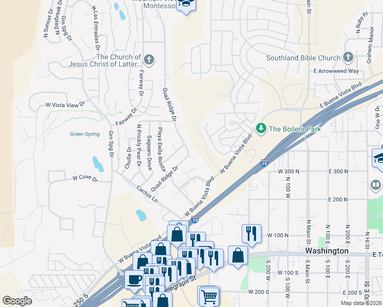 map of restaurants, bars, coffee shops, grocery stores, and more near 372 North Quail Ridge Circle in Washington