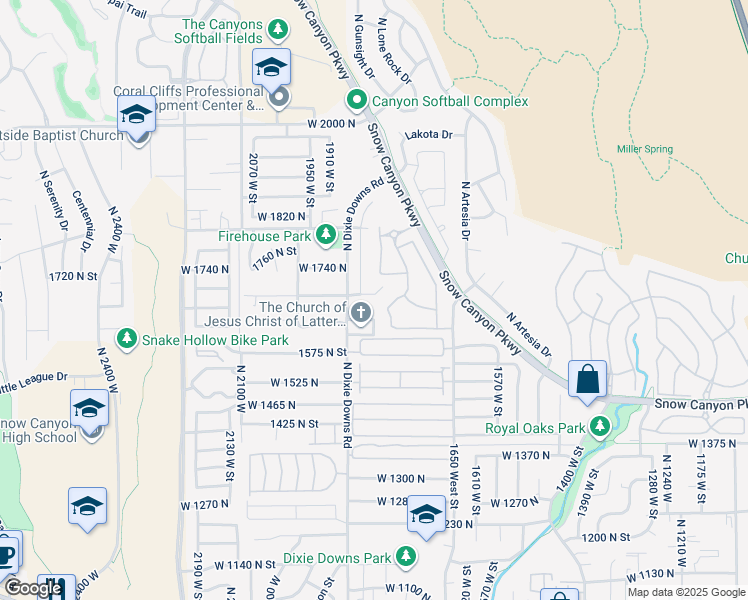 map of restaurants, bars, coffee shops, grocery stores, and more near 1806 North Dixie Downs Road in St. George