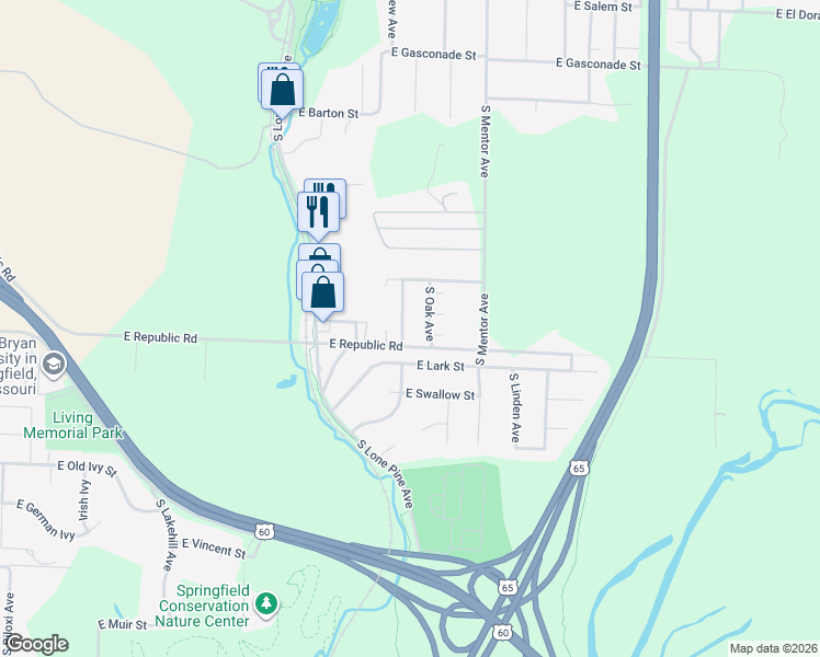 map of restaurants, bars, coffee shops, grocery stores, and more near 4148 South Hooper Avenue in Springfield