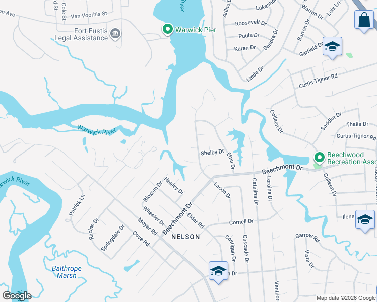 map of restaurants, bars, coffee shops, grocery stores, and more near 160 Day Circle in Newport News