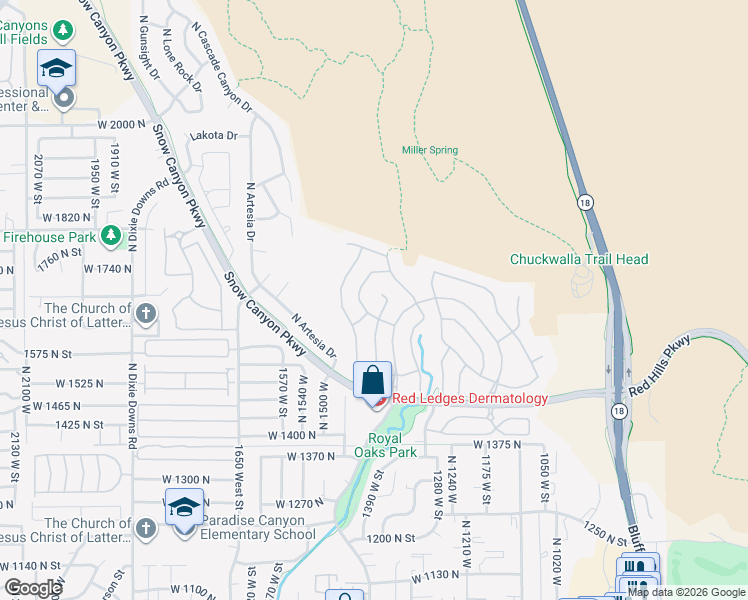map of restaurants, bars, coffee shops, grocery stores, and more near 1711 North Sage Circle in St. George
