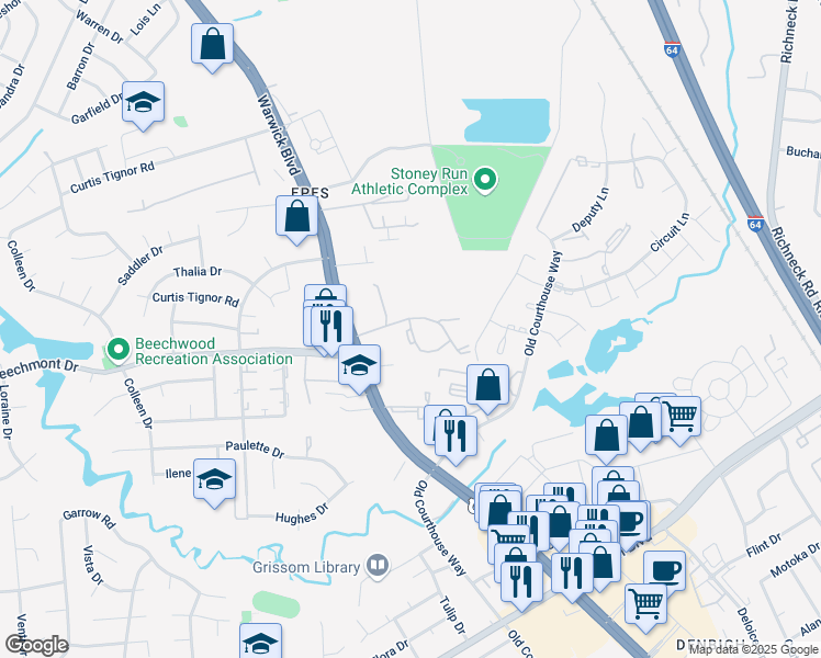 map of restaurants, bars, coffee shops, grocery stores, and more near 438 Tara Court in Newport News