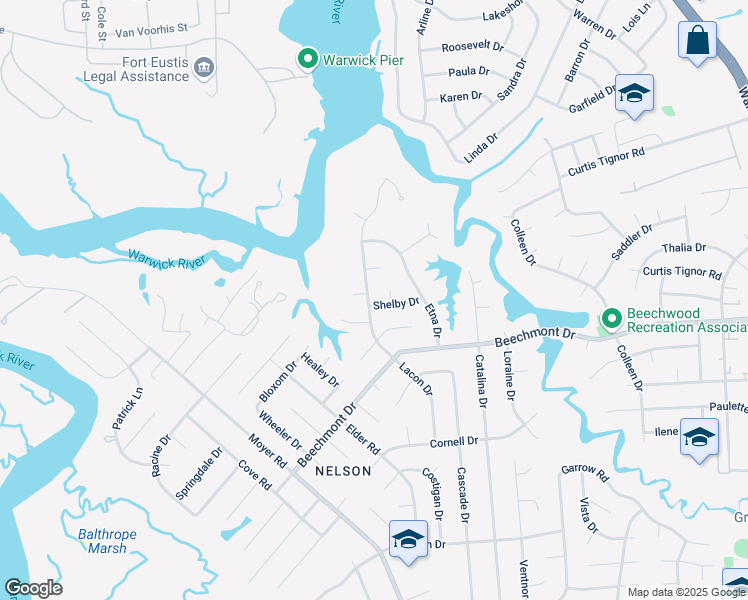 map of restaurants, bars, coffee shops, grocery stores, and more near 928 Lacon Drive in Newport News