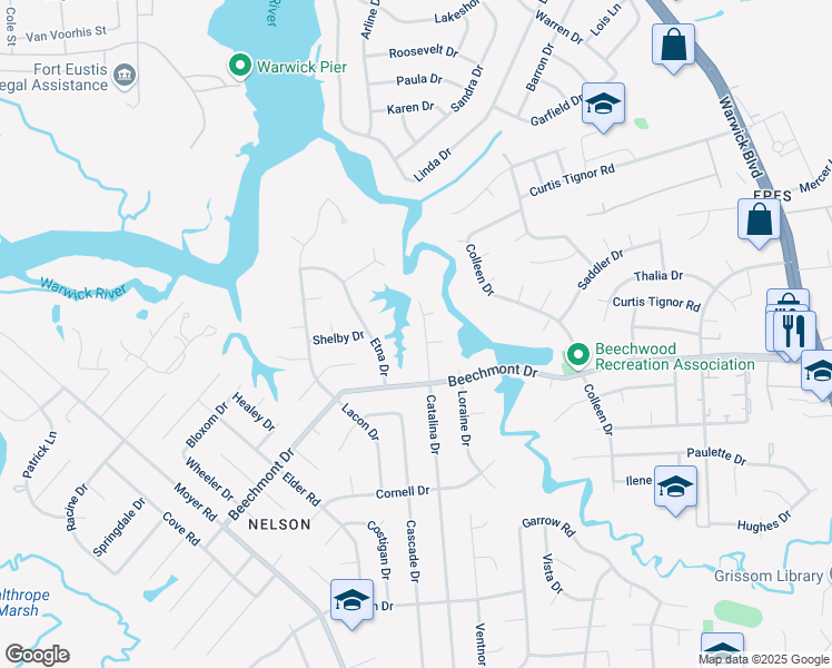 map of restaurants, bars, coffee shops, grocery stores, and more near 909 Catalina Drive in Newport News