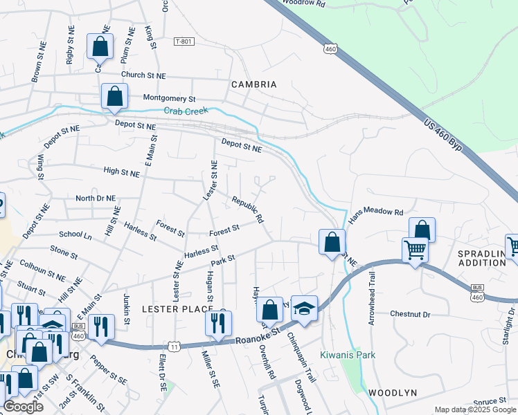 map of restaurants, bars, coffee shops, grocery stores, and more near 545 Republic Road in Christiansburg