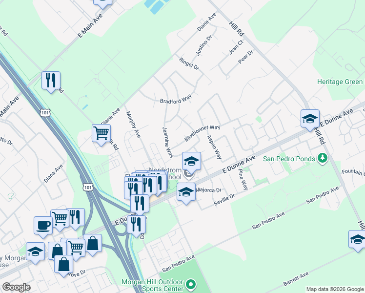 map of restaurants, bars, coffee shops, grocery stores, and more near 1430 Bluebonnet Way in Morgan Hill