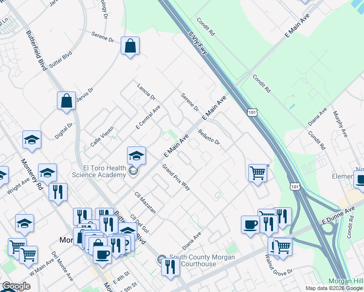 map of restaurants, bars, coffee shops, grocery stores, and more near 17560 Montoya Circle in Morgan Hill