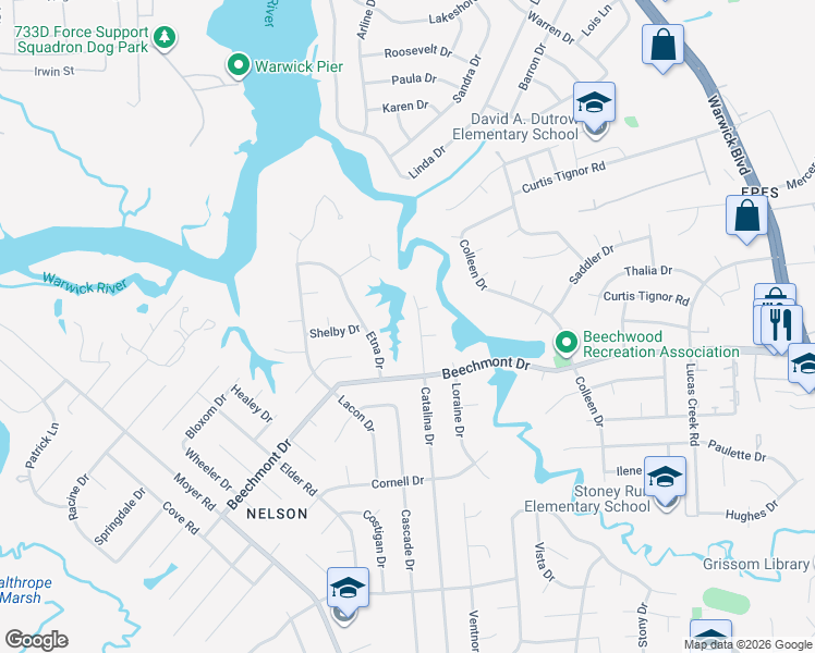 map of restaurants, bars, coffee shops, grocery stores, and more near 909 Catalina Drive in Newport News